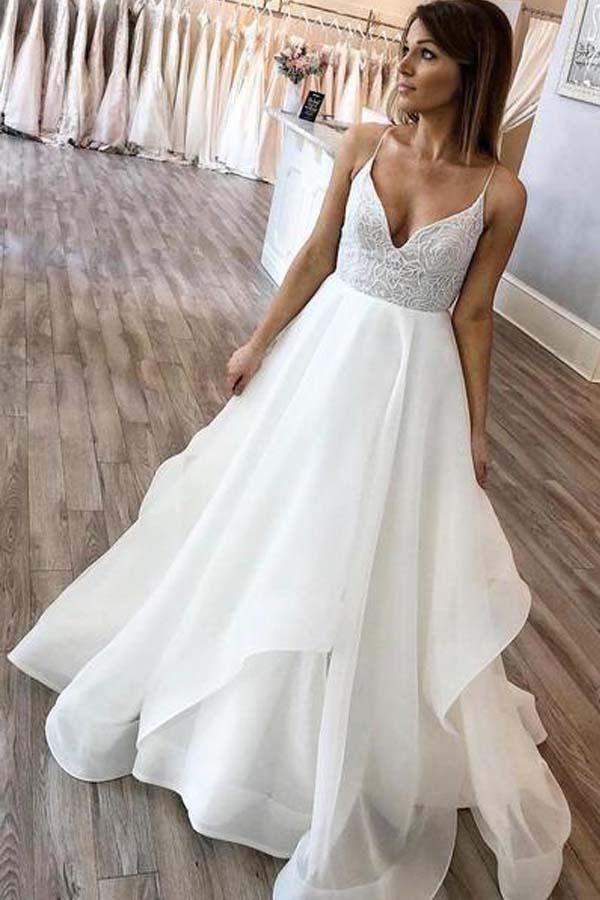 v neck a line organza wedding dress Organza 2026 Wedding Dress Sleeveless A-line Long V-neck Ivory