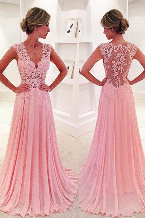 A-line V-neck Sweep Train Pink Chiffon Prom Dress With Lace TP0098 - Tirdress