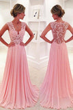 A-line V-neck Sweep Train Pink Chiffon Prom Dress With Lace TP0098 - Tirdress