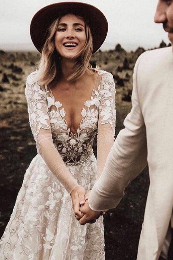 A-line Wedding Dresses With Long Sleeves Lace Bridal Gowns TN292 - Tirdress