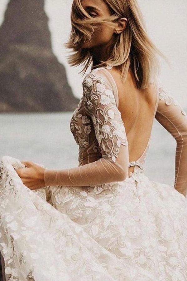 A-line Wedding Dresses With Long Sleeves Lace Bridal Gowns TN292 - Tirdress