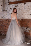 A-line White Lace Grey Tulle Strapless Sweetheart Neck Wedding Dress WD071 - Tirdress