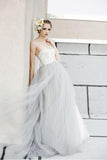 A-line White Lace Grey Tulle Strapless Sweetheart Neck Wedding Dress WD071 - Tirdress