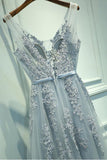A-line V neck Lace Appliques Tulle Prom Dress Evening Dress PG368 - Tirdress