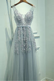 A-line V neck Lace Appliques Tulle Prom Dress Evening Dress PG368 - Tirdress
