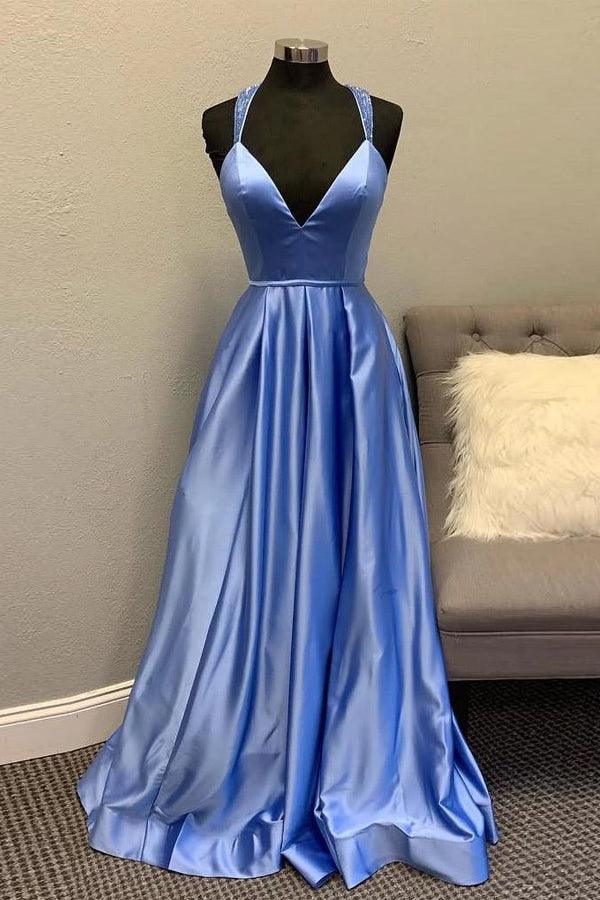 A-line V neck Satin Unique Long Prom Dresses Formal Gowns TP1063 - Tirdress