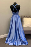 A-line V neck Satin Unique Long Prom Dresses Formal Gowns TP1063 - Tirdress