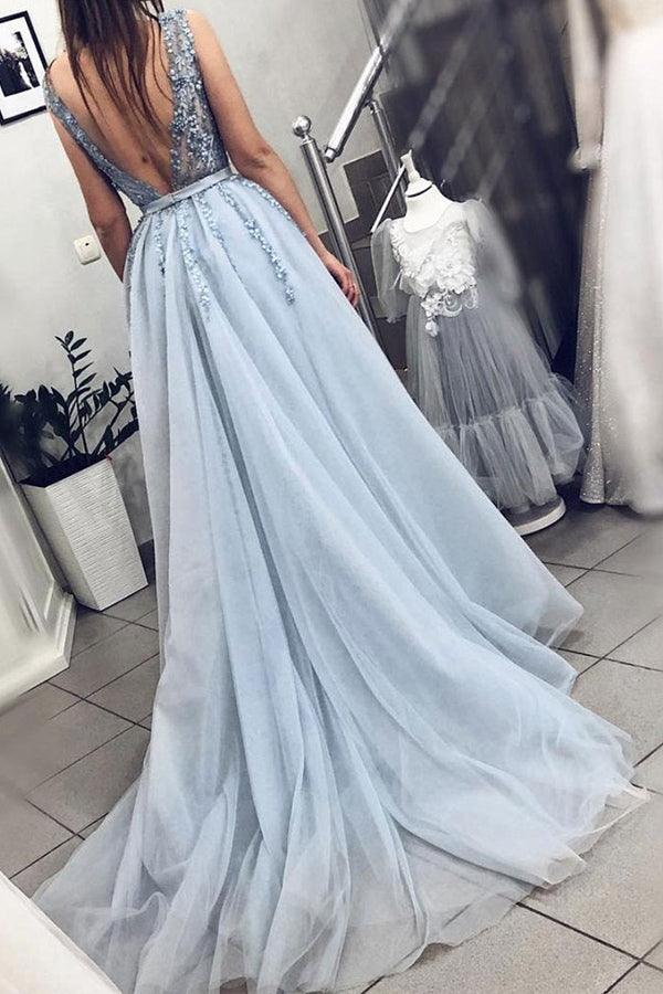A-line V neck Sky Blue Long Prom Dress Court Train Formal Dress Tirdress A-line V neck Sky Blue Long Prom Dress Court Train Formal Dress Tirdress