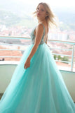 A-line V neck Tulle Lace Long Prom Dress Evening Dress TP1076 - Tirdress