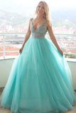 A-line V neck Tulle Lace Long Prom Dress Evening Dress TP1076