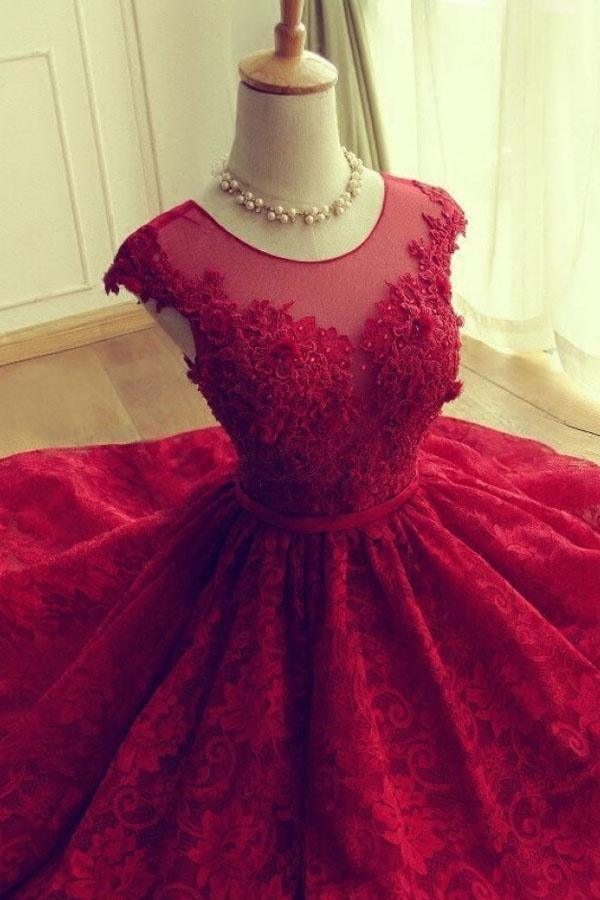 Adorable Knee length Red Short Lace Prom Dress Homecoming Dress Tirdress