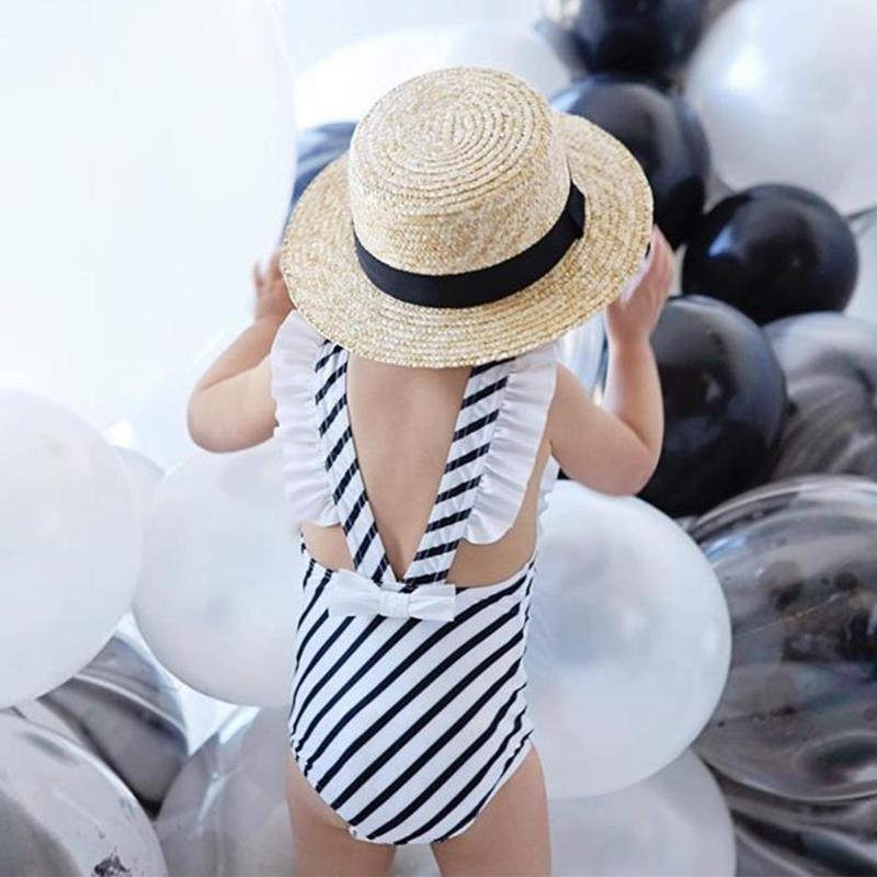 Baby Girls Swimwear One Piece Swimsuit Stripe Backless Bathing Suit Tirdress