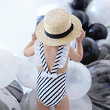 Baby-Mädchen-Badebekleidung, einteiliger Badeanzug, gestreift, rückenfrei, Strampler-Badeanzug B018
