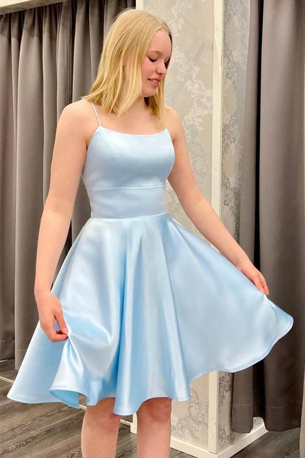Backless Light Blue Satin Short Prom Homecoming Dress HD0140 Tirdress Backless Light Blue Satin Short Prom Homecoming Dress HD0140 Tirdress