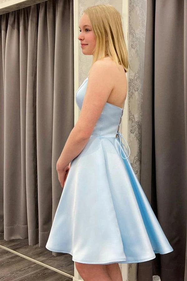 Backless Light Blue Satin Short Prom Homecoming Dress HD0140 Tirdress Backless Light Blue Satin Short Prom Homecoming Dress HD0140 Tirdress