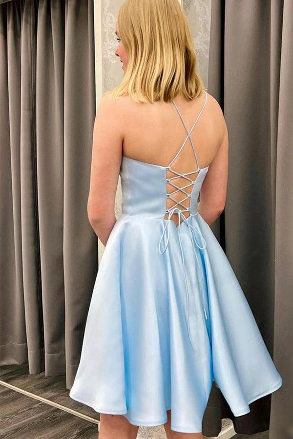 Backless Light Blue Satin Short Prom Homecoming Dress HD0140 US8 / Custom Color Backless Light Blue Satin Short Prom Homecoming Dress HD0140 US8 / Custom Color