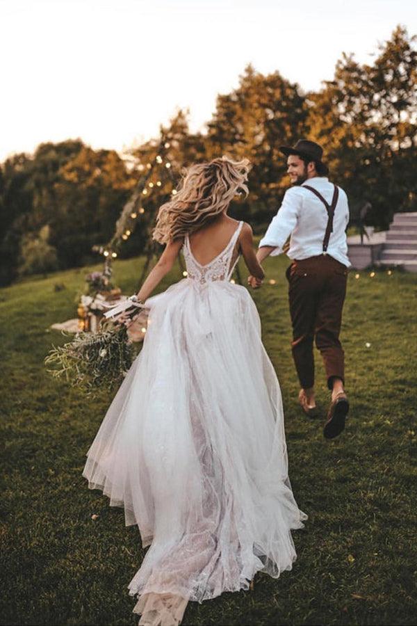 Backless V-neck A-line Wedding Dresses Appliques Bridal Gowns TN313 US18 / White Backless V-neck A-line Wedding Dresses Appliques Bridal Gowns TN313 US18 / White