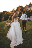 Backless V-neck A-line Wedding Dresses Appliques Tulle Bridal Gowns TN313 - Tirdress