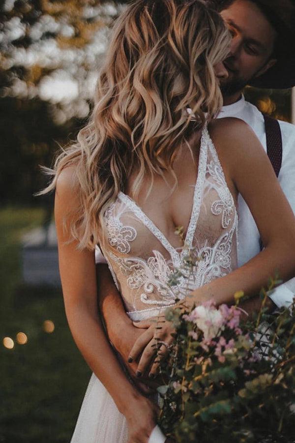 Backless V-neck A-line Wedding Dresses Appliques Tulle Bridal Gowns TN313 - Tirdress