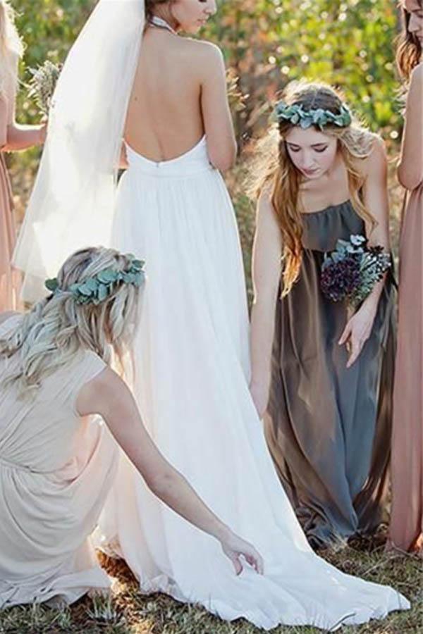 Backless Halter Lace A-Line High Neck Chiffon Wedding Dress WD155 - Tirdress