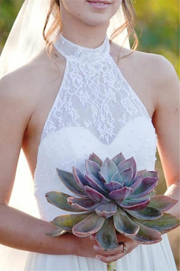 Backless Halter Lace A-Line High Neck Chiffon Wedding Dress WD155 - Tirdress