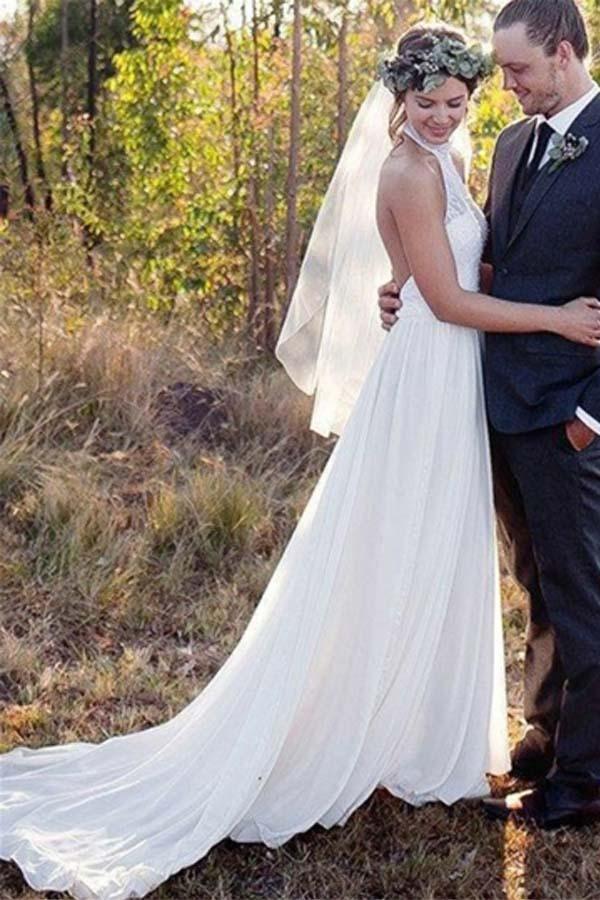 Backless Halter Lace A-Line High Neck Chiffon Wedding Dress US16 / As Picture Backless Halter Lace A-Line High Neck Chiffon Wedding Dress US16 / As Picture