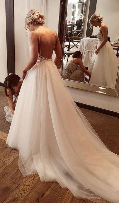 Backless Lace Tulle Beach Wedding Dress Fashion Bridal Gown TN205 US8 / White Backless Lace Tulle Beach Wedding Dress Fashion Bridal Gown TN205 US8 / White