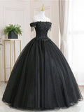 Ball Gown Black Tulle Off The Shoulder Prom Dress Evening Dress TP1027 - Tirdress