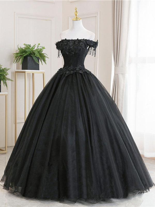 Ball Gown Black Tulle Off The Shoulder Prom Dress Evening Dress TP1027 - Tirdress