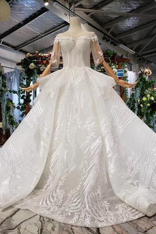 Ball Gown Half Sleeves Lace Bridal Dress with Sequins, Princess Long Wedding Dress TN186 - Tirdress