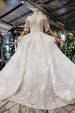 Ball Gown Half Sleeves Lace Bridal Dress with Sequins, Princess Long Wedding Dress TN186