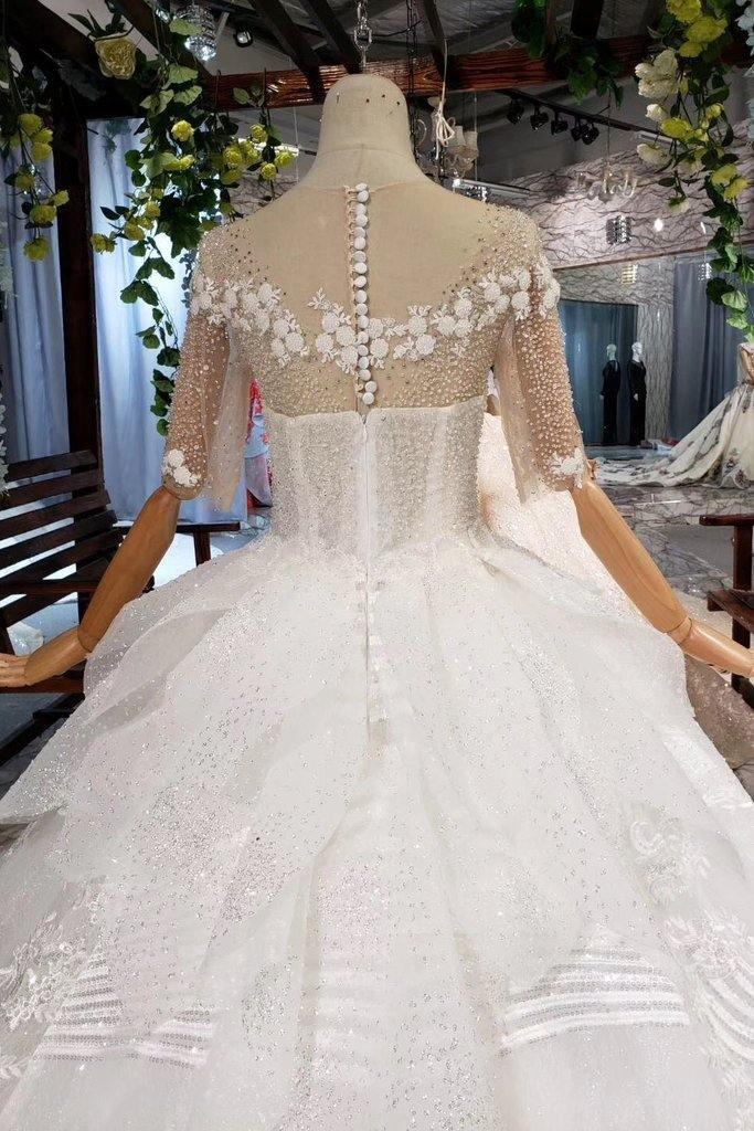 Ball Gown Half Sleeves Lace Bridal Dress with Sequins, Princess Long Wedding Dress TN186 - Tirdress