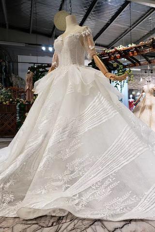 Ball Gown Half Sleeves Lace Bridal Dress with Sequins, Princess Long Wedding Dress TN186 - Tirdress