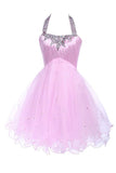 Ball Gown Halter Knee Length Satin Tulle Homecoming Dress With Beading TR0143