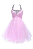 Ball Gown Halter Knee Length Satin Tulle Homecoming Dress With Beading TR0143 - Tirdress