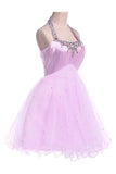 Ball Gown Halter Knee Length Satin Tulle Homecoming Dress With Beading TR0143 - Tirdress