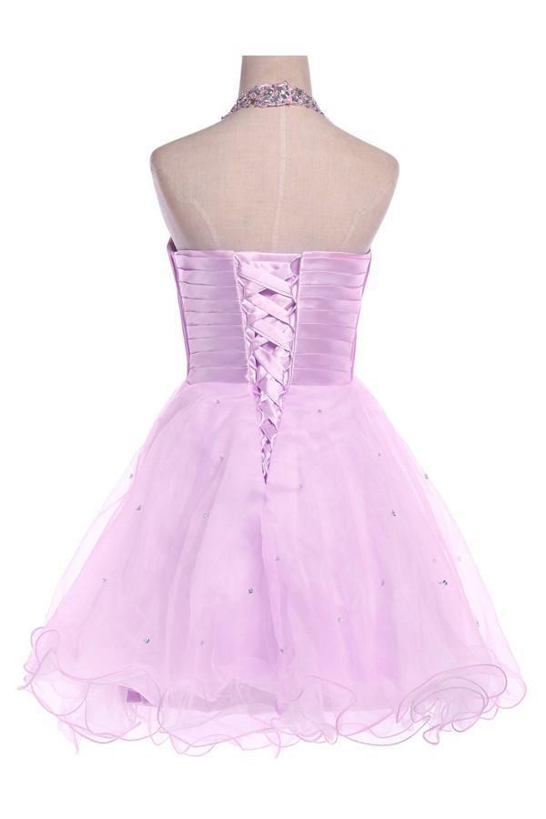 Ball Gown Halter Knee Length Satin Tulle Homecoming Dress With Beading TR0143 - Tirdress