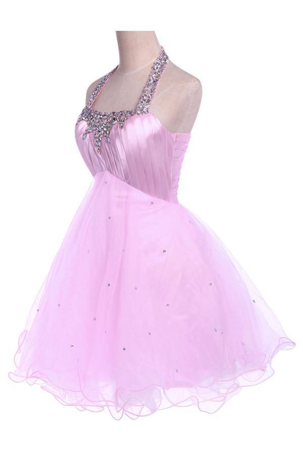 Ball Gown Halter Knee Length Satin Tulle Homecoming Dress With Beading TR0143 - Tirdress