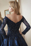 Ball Gown Long Sleeves Off Shoulder Beaded Navy Blue Prom Dress TP1069 - Tirdress