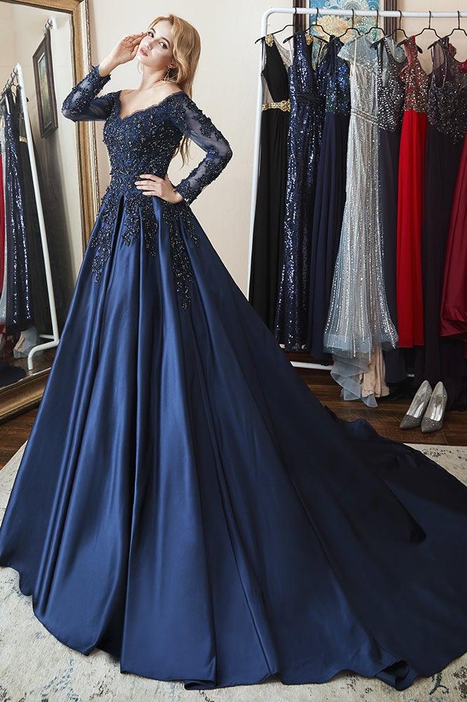 Ball Gown Long Sleeves Off Shoulder Beaded Navy Blue Prom Dress US18 / As Picture Ball Gown Long Sleeves Off Shoulder Beaded Navy Blue Prom Dress US18 / As Picture