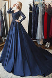 Ball Gown Long Sleeves Off Shoulder Beaded Navy Blue Prom Dress TP1069 - Tirdress
