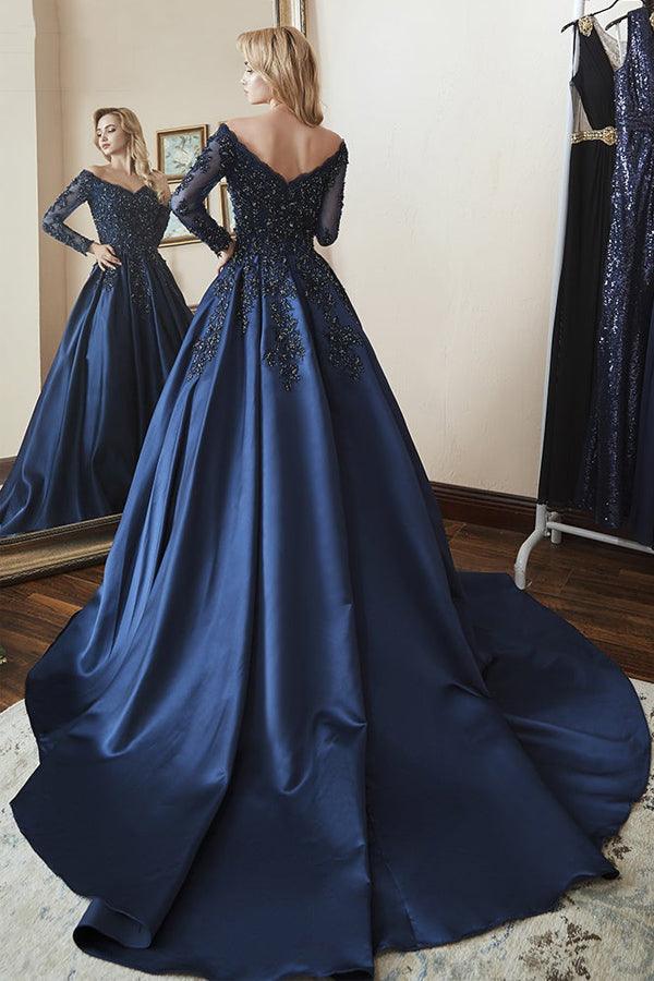 Ball Gown Long Sleeves Off Shoulder Beaded Navy Blue Prom Dress TP1069 - Tirdress