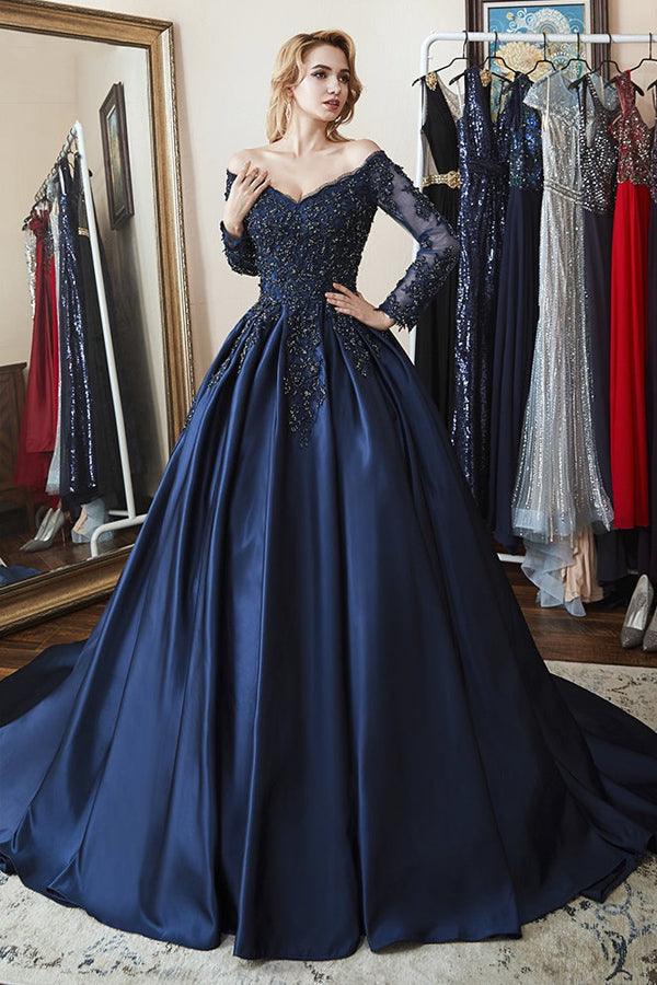Ball Gown Long Sleeves Off Shoulder Beaded Navy Blue Prom Dress US18 / As Picture Ball Gown Long Sleeves Off Shoulder Beaded Navy Blue Prom Dress US18 / As Picture