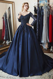 Ball Gown Long Sleeves Off Shoulder Beaded Navy Blue Prom Dress TP1069