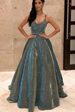 Ball Gown V Neck Sparkly Satin Cross Back Long Prom Dresses With Pockets TP0969