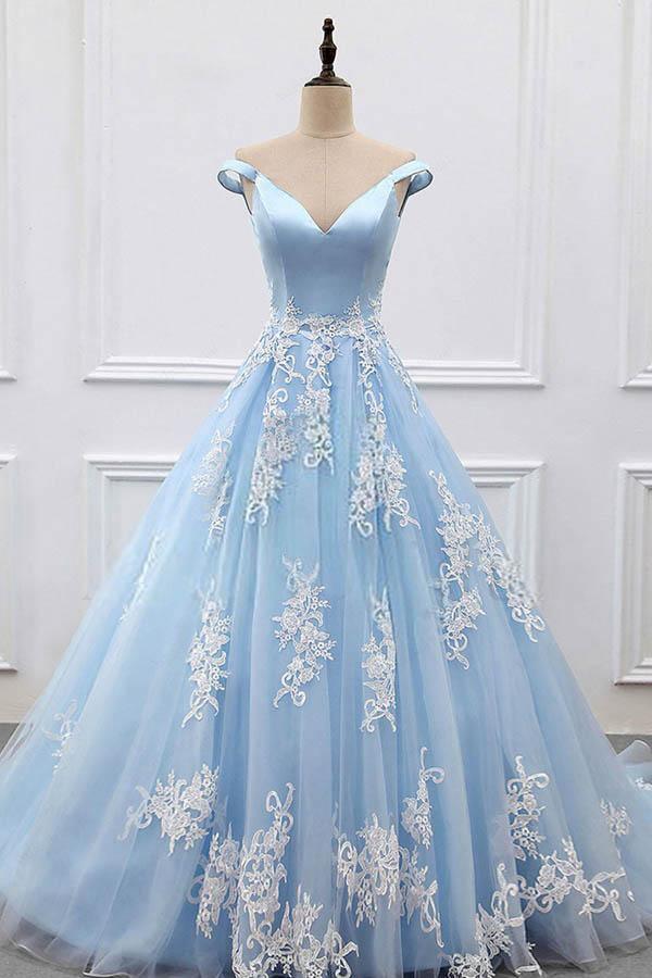 Ball Gown Off-the-Shoulder Court Train Blue Tulle Prom Dress PG483 US18 / Custom Color Ball Gown Off-the-Shoulder Court Train Blue Tulle Prom Dress PG483 US18 / Custom Color