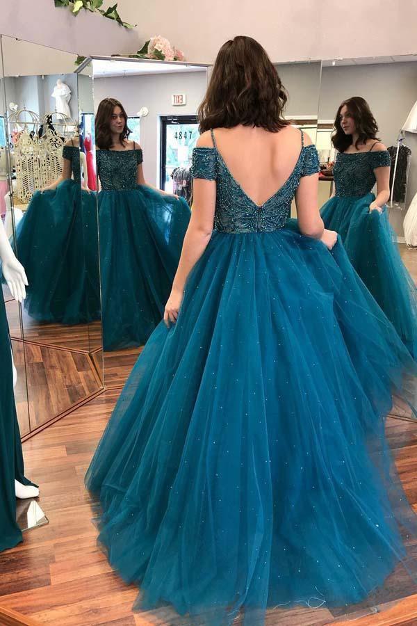 Ball Gown Off-The-Shoulder Dark Blue Tulle Prom Dress with Beading US2 / Custom Color Ball Gown Off-The-Shoulder Dark Blue Tulle Prom Dress with Beading US2 / Custom Color