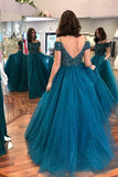 Ball Gown Off-the-Shoulder Dark Blue Tulle Prom Dress with Beading PG501