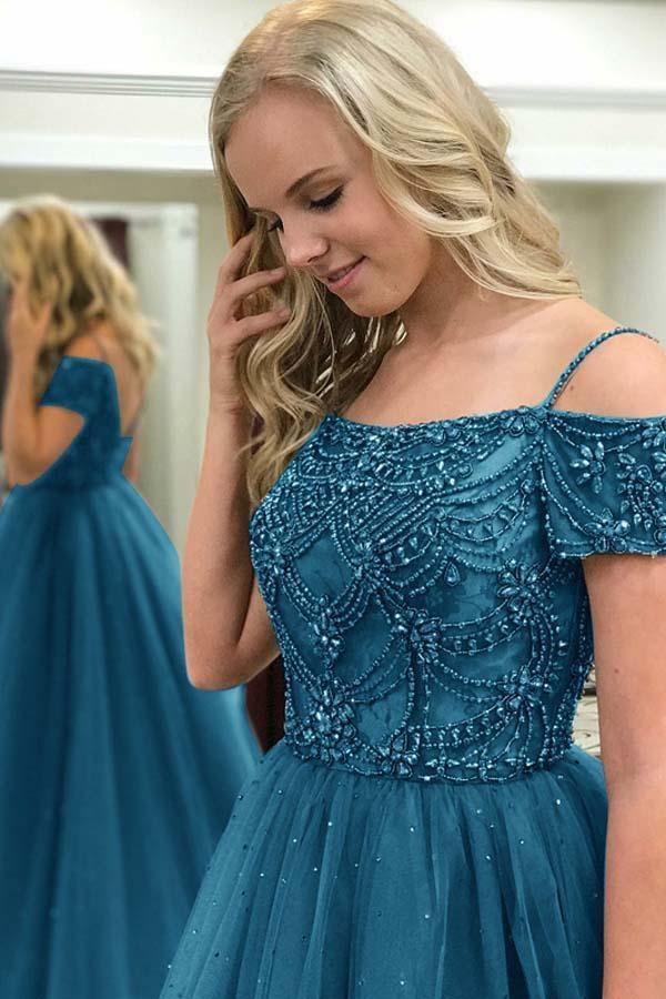 Ball Gown Off-The-Shoulder Dark Blue Tulle Prom Dress with Beading US2 / Custom Color Ball Gown Off-The-Shoulder Dark Blue Tulle Prom Dress with Beading US2 / Custom Color
