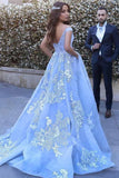 Ball Gown Off-the-Shoulder Sweep Train Blue Tulle Prom Dress PG464 - Tirdress